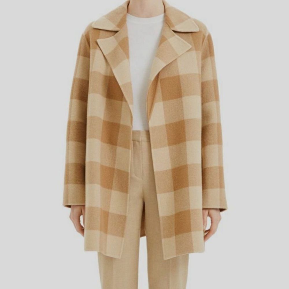 Theory Women’s Overlay Coat in Check Double-Face 100% Wool camel Size S w/ FLAW